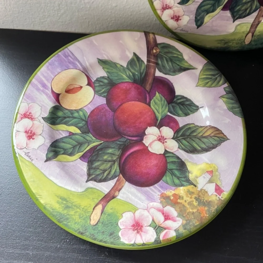 Set of 4 Villa d’Este Italy Plum Fruit Plates Floral Dessert Plates Vintage